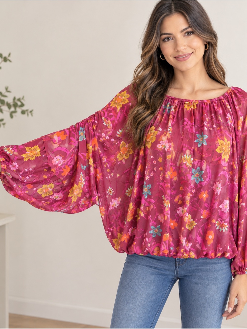 FREE PEOPLE Floral Blouson Tunic in Raspberry
